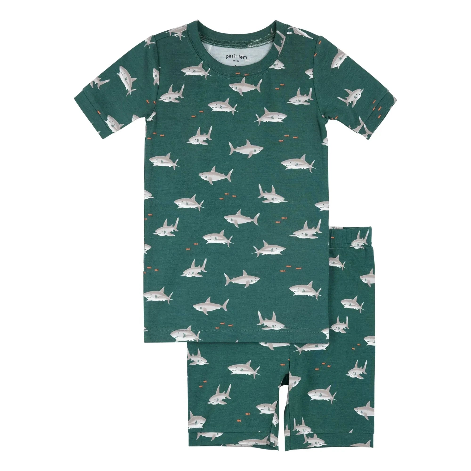 Petit Lem - Sharks Pattern Short Pajamas Made of Organic Cotton and Modal | Dark Green