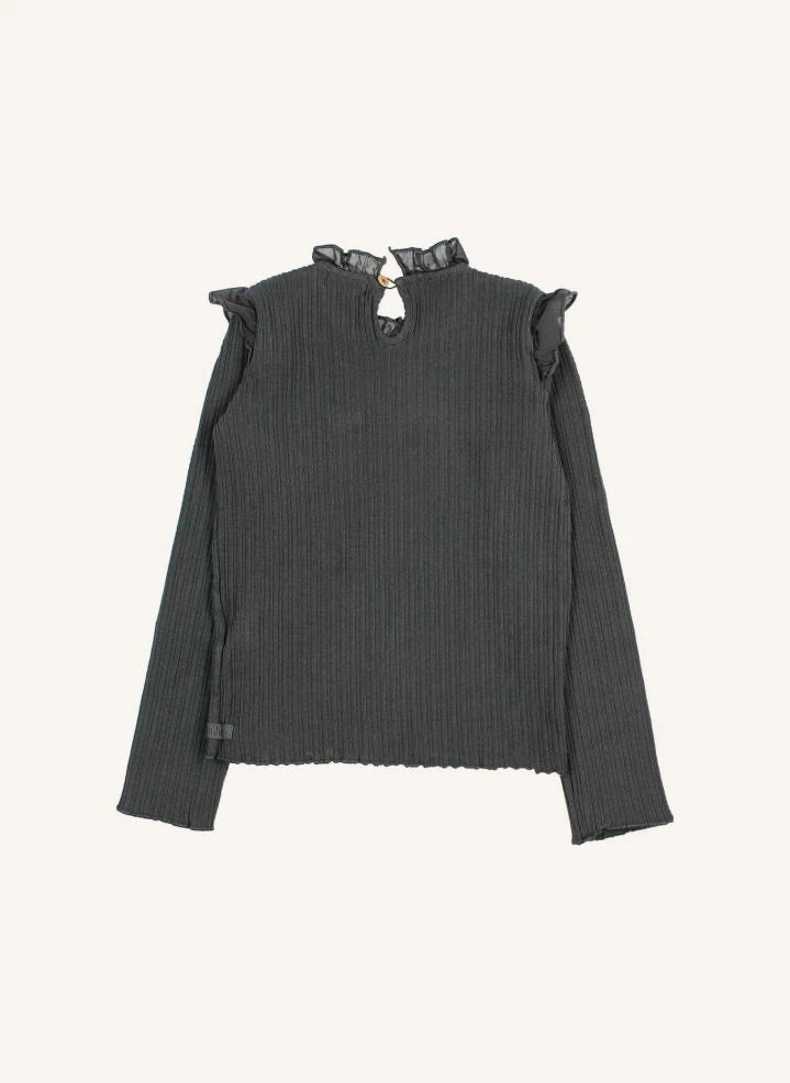 Búho - Ribbed T-Shirt with Ruffles | Charcoal gray