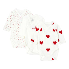 Petit Bateau - Pack of 3 Heart Cross-Strap Organic Cotton Rompers | Red