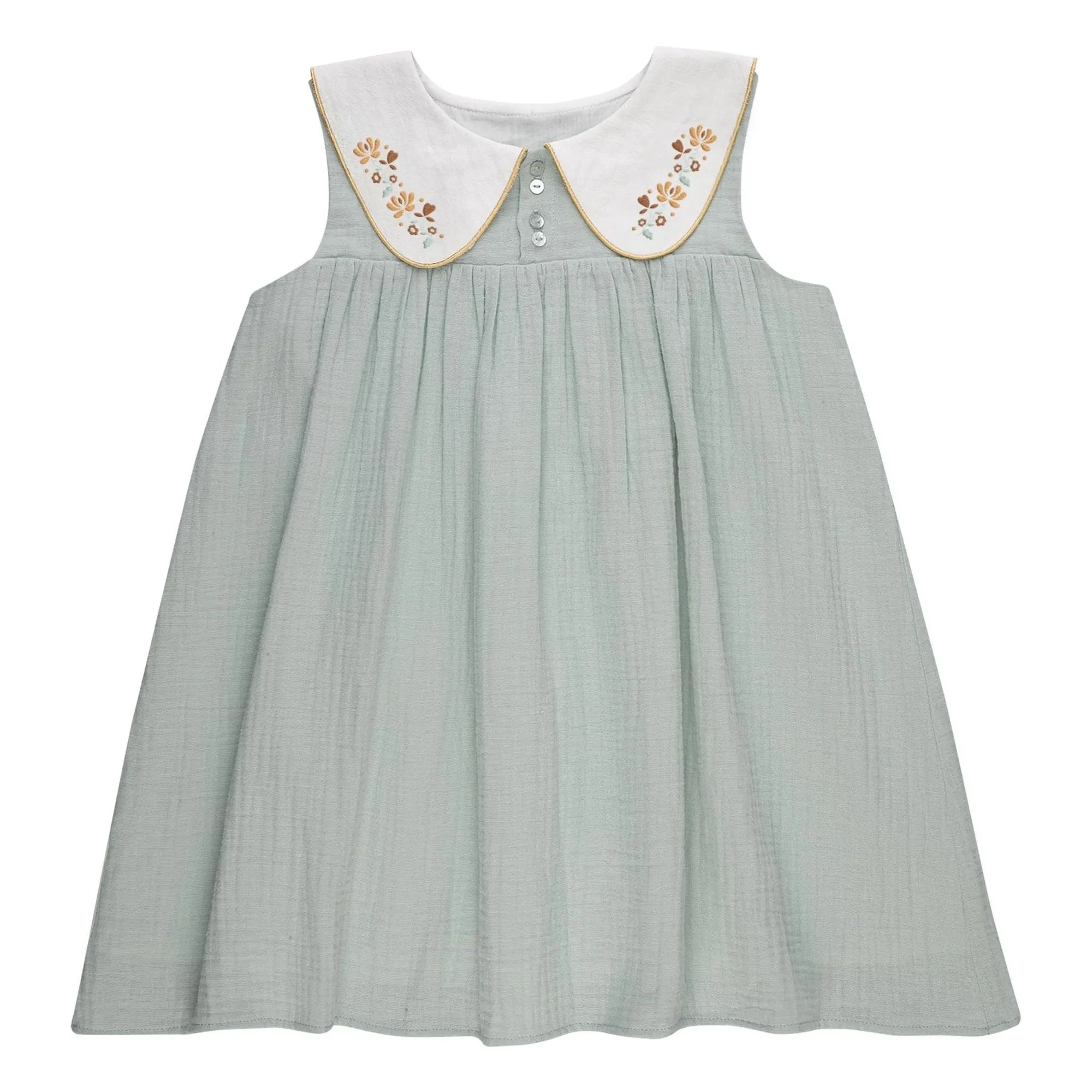 THE LiTTLE POETS - Josefa Organic Cotton Embroidered Peter Pan Neck Dress | Almond green