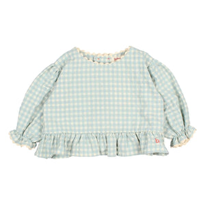 Búho - 3/4 Sleeve Checkered Seersucker Blouse | Aqua