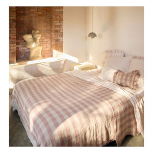 Maison de Vacances - Washed Linen Ruffled Vichy Cottage Pillow | Rosewood