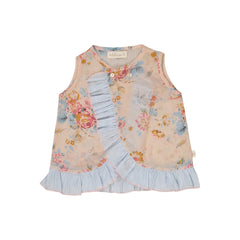 Lilinoa - Floral Pattern Ruffled Cotton Voile Top | Peach