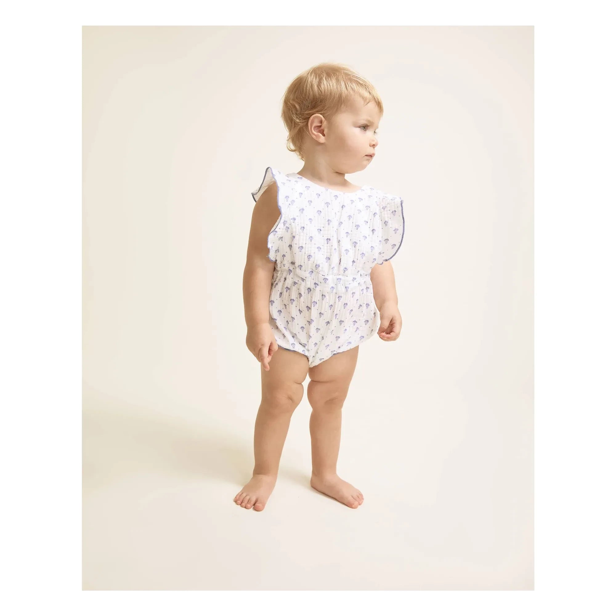 Búho - Bali Floral Pattern Cotton Gauze Romper Shorts | Indigo Blue