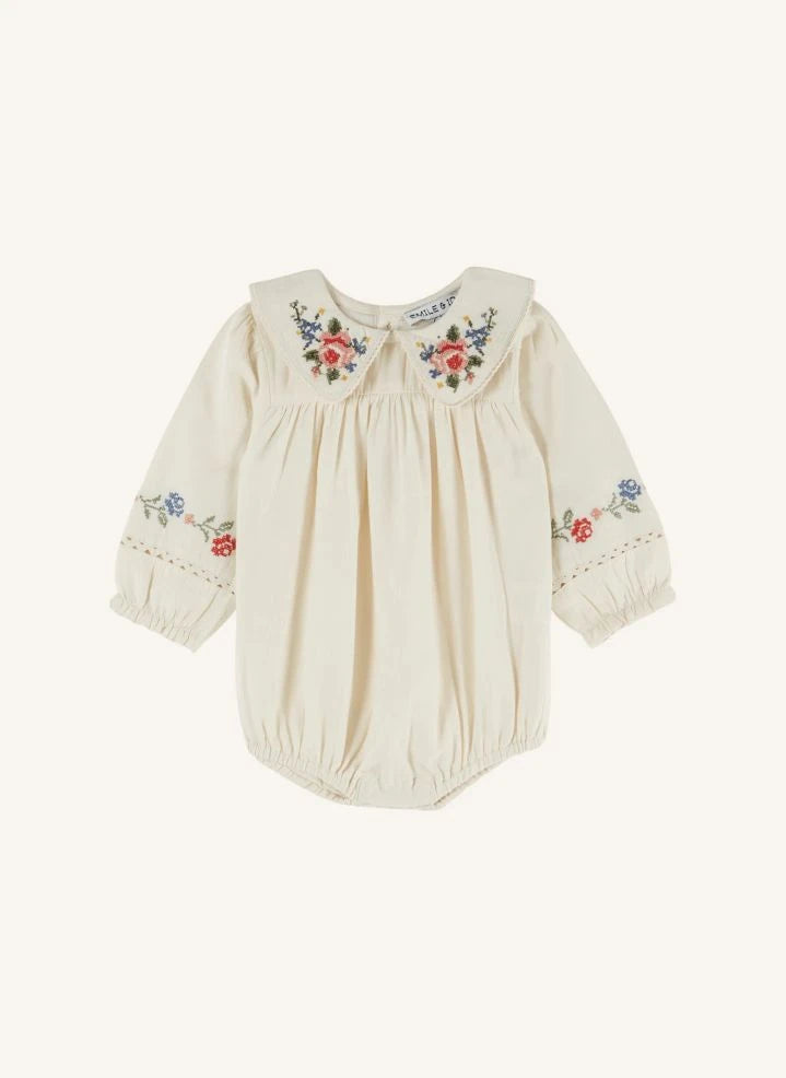 Emile et Ida - Cross-Stitched Romper | Ecru