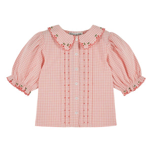 Emile et Ida - Checkered Embroidered Blouse Organic Cotton | Pink