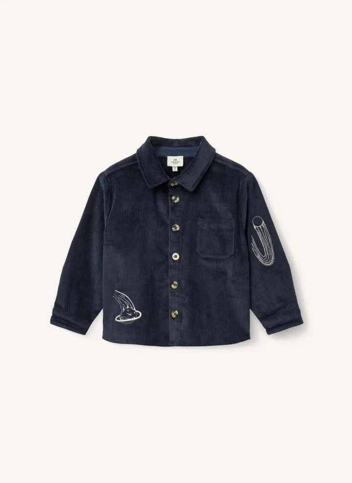 Copenhagen Colors - Organic Cotton Ribbed Velvet "Planet" Embroidered Shirt | Navy