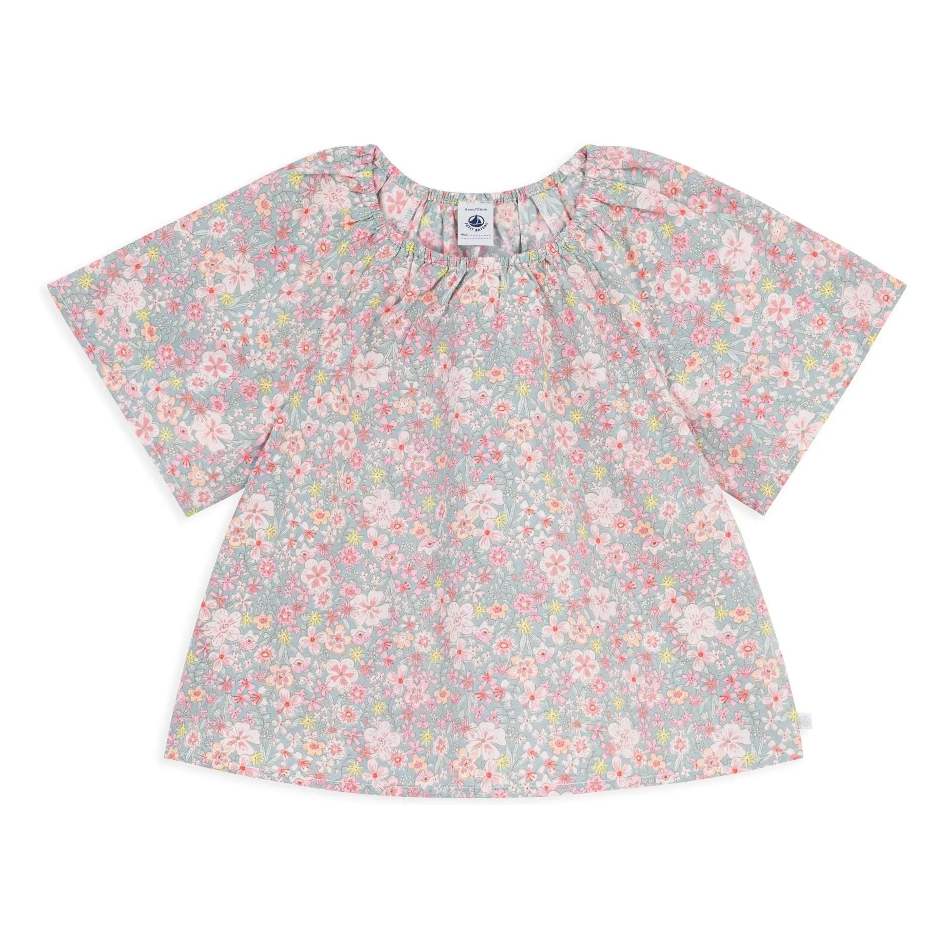 Petit Bateau - Cotton Bi-Elastane Floral Loose Blouse | Gray Blue