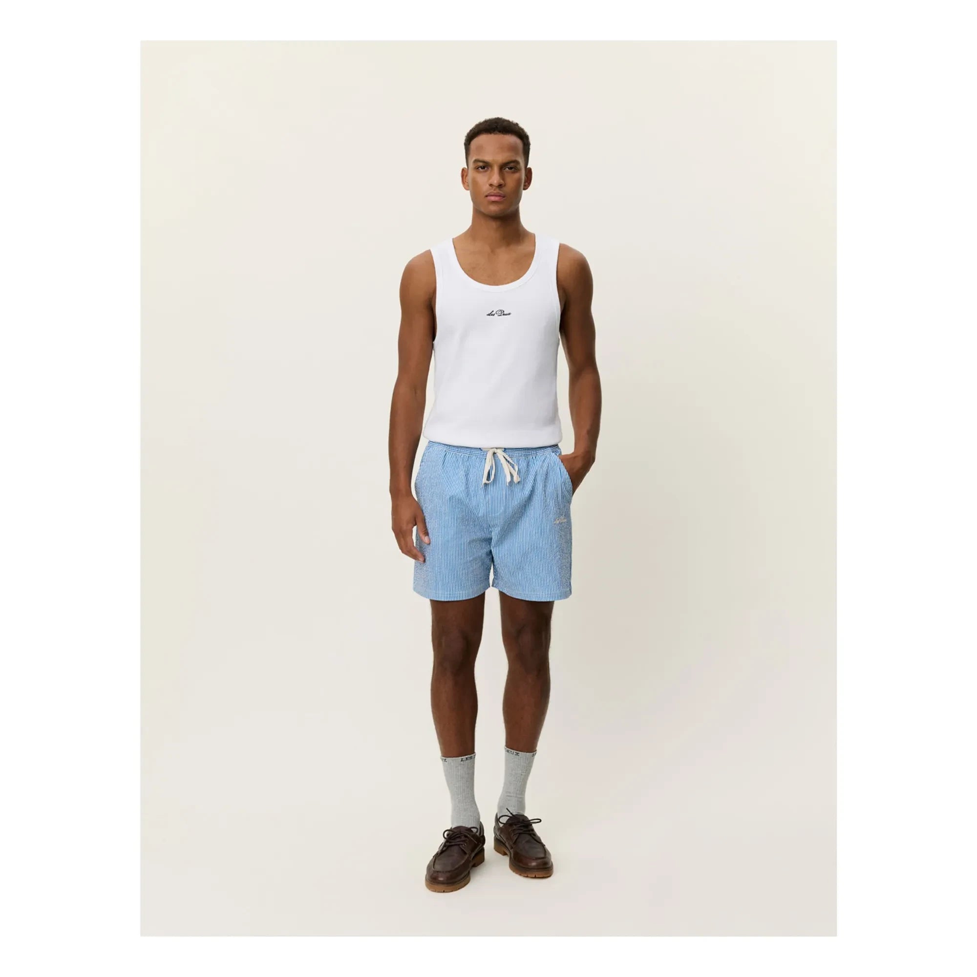 Les Deux - Stan Seersucker Striped Swim Shorts | Blue