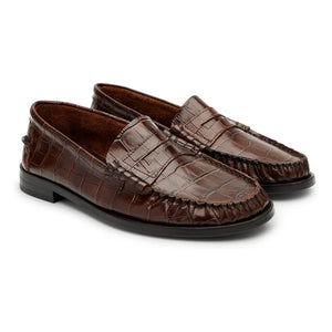 Augusta - Zoe Crocodile Pattern Loafer Shoes | Chocolate