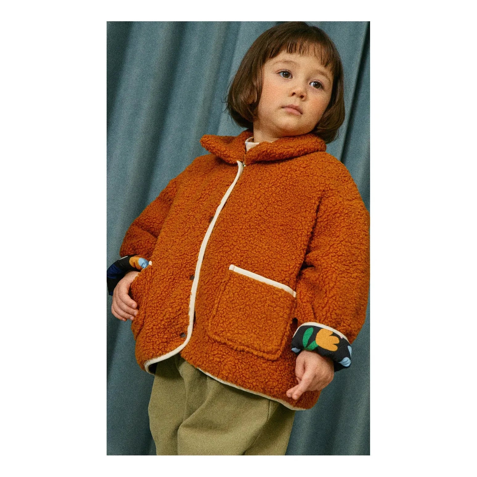 Petit Stella - Ters Çevrilebilir Çiçek Desenli Sherpa Ceket | Siyah