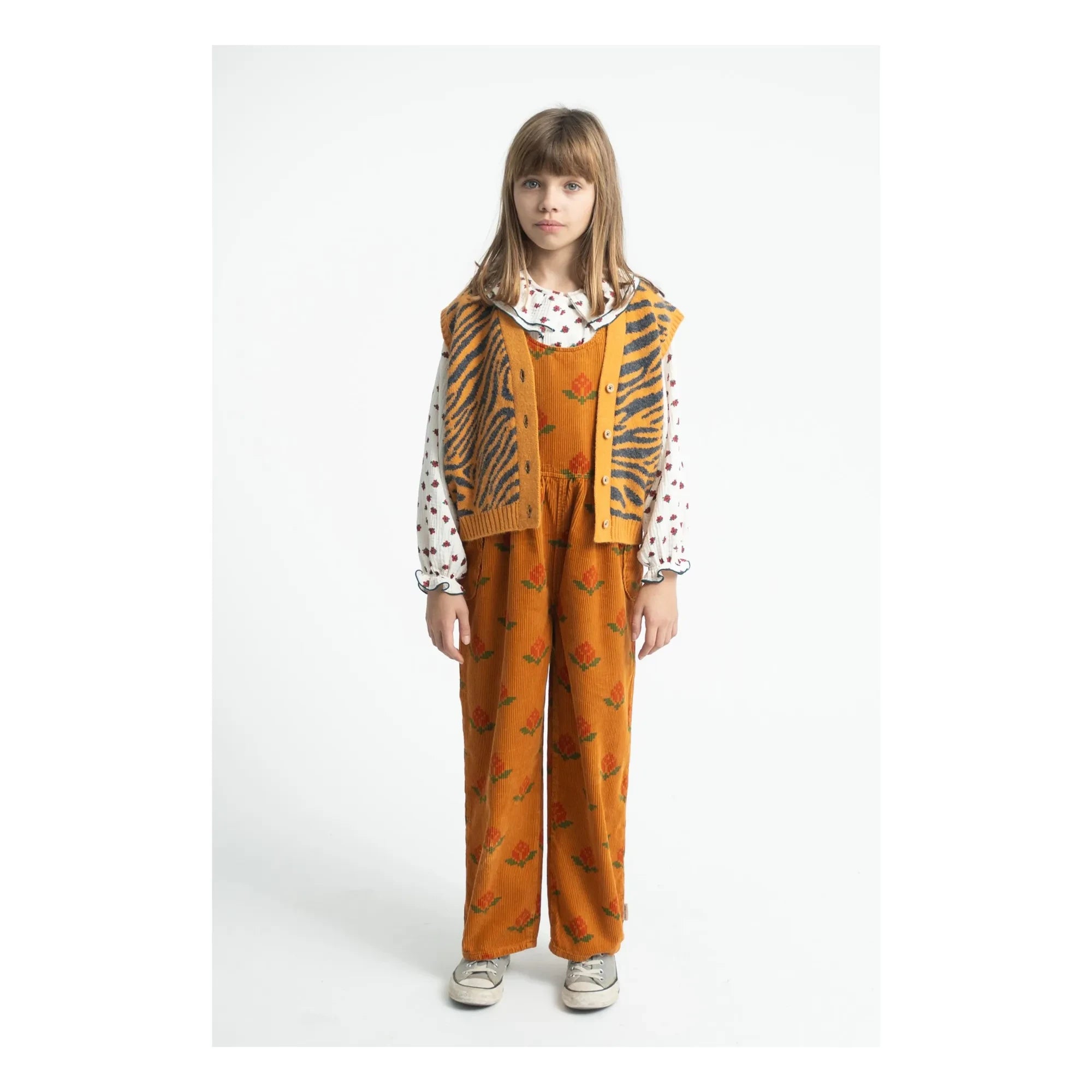 Piupiuchick - Organic Cotton Marigold Floral Dungarees | Camel