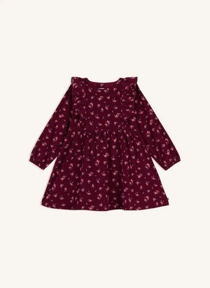 Petit Bateau - Organik Pamuk Keten Çiçekli Fırfırlı Elbise | Bordo