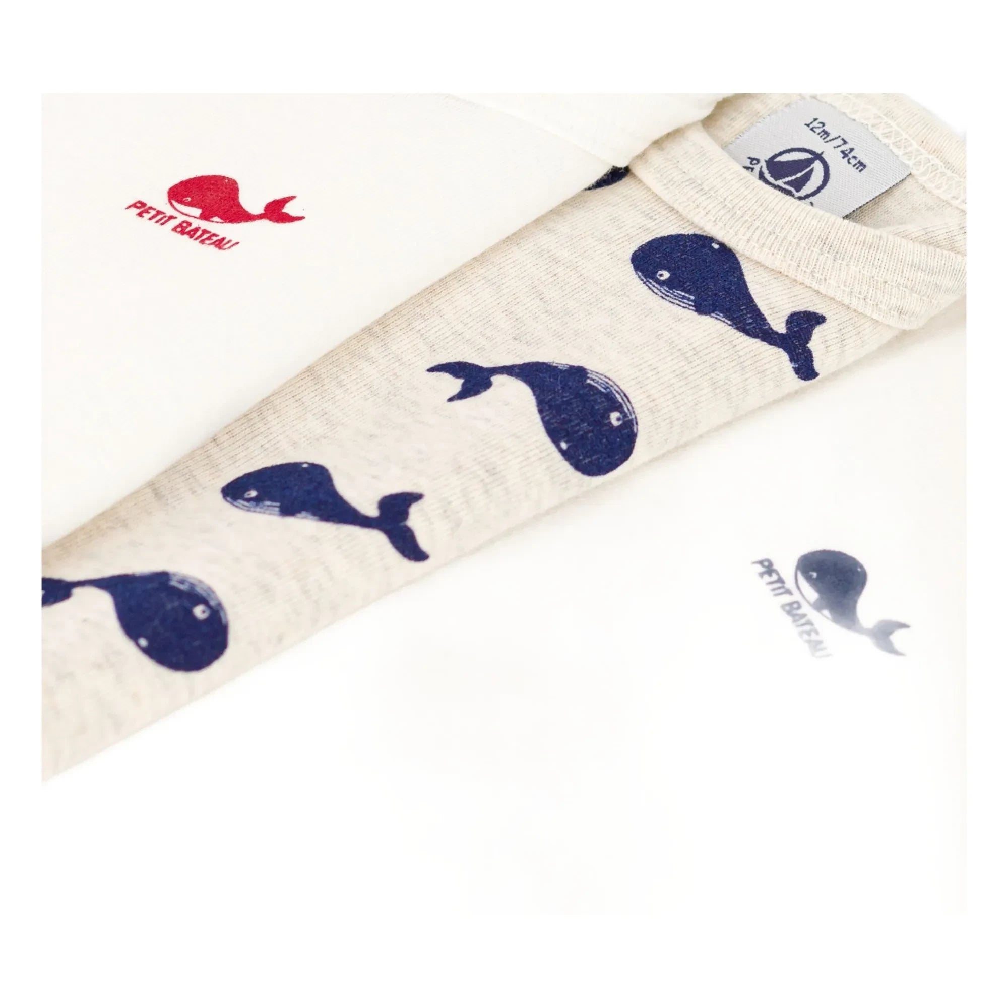 Petit Bateau - Pack of 3 Long Sleeve Whale Pattern Organic Cotton Bodysuits | White