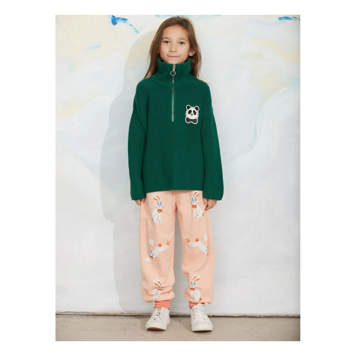 Mini Rodini - Panda Organic Cotton Zip-Up Sweater | Green