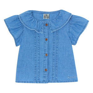 Bonton - Nancy Chambray Baby Balloon Sleeve Shirt | Denim Blue