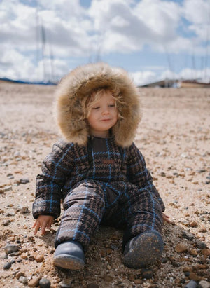 Töastie - Waterproof Faux Fur Hooded Cloud Jacket, Recycled Fiber Plaid Pattern | Blue