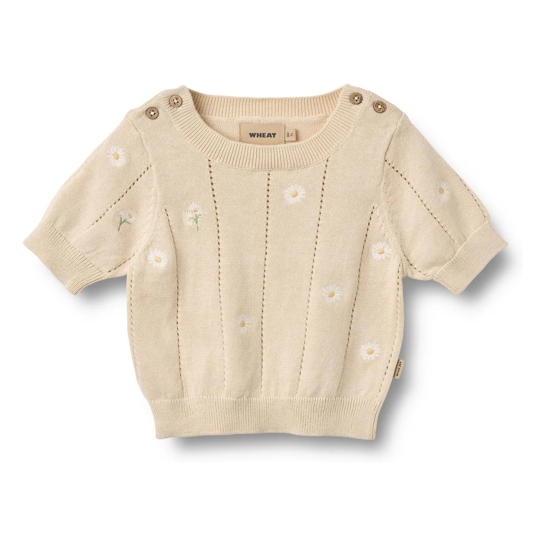 Wheat - Malvina Organic Cotton Floral Baby Short Sleeve Sweater | Ecru