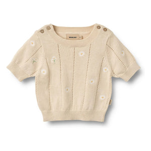 Wheat - Malvina Organic Cotton Floral Baby Short Sleeve Sweater | Ecru