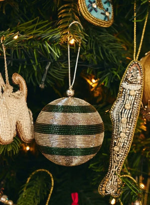Anna + Nina - Green Striped Sparkling Christmas Ornaments | Green
