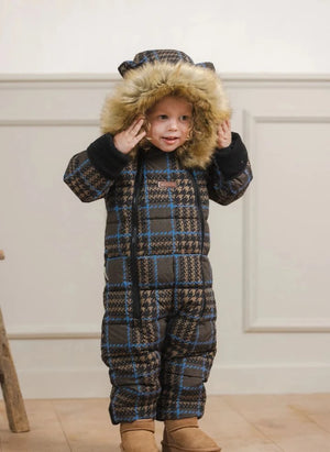 Töastie - Waterproof Faux Fur Hooded Cloud Jacket, Recycled Fiber Plaid Pattern | Blue