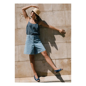 The Tiny Big Sister - Cotton Striped Shorts | Light Blue Denim