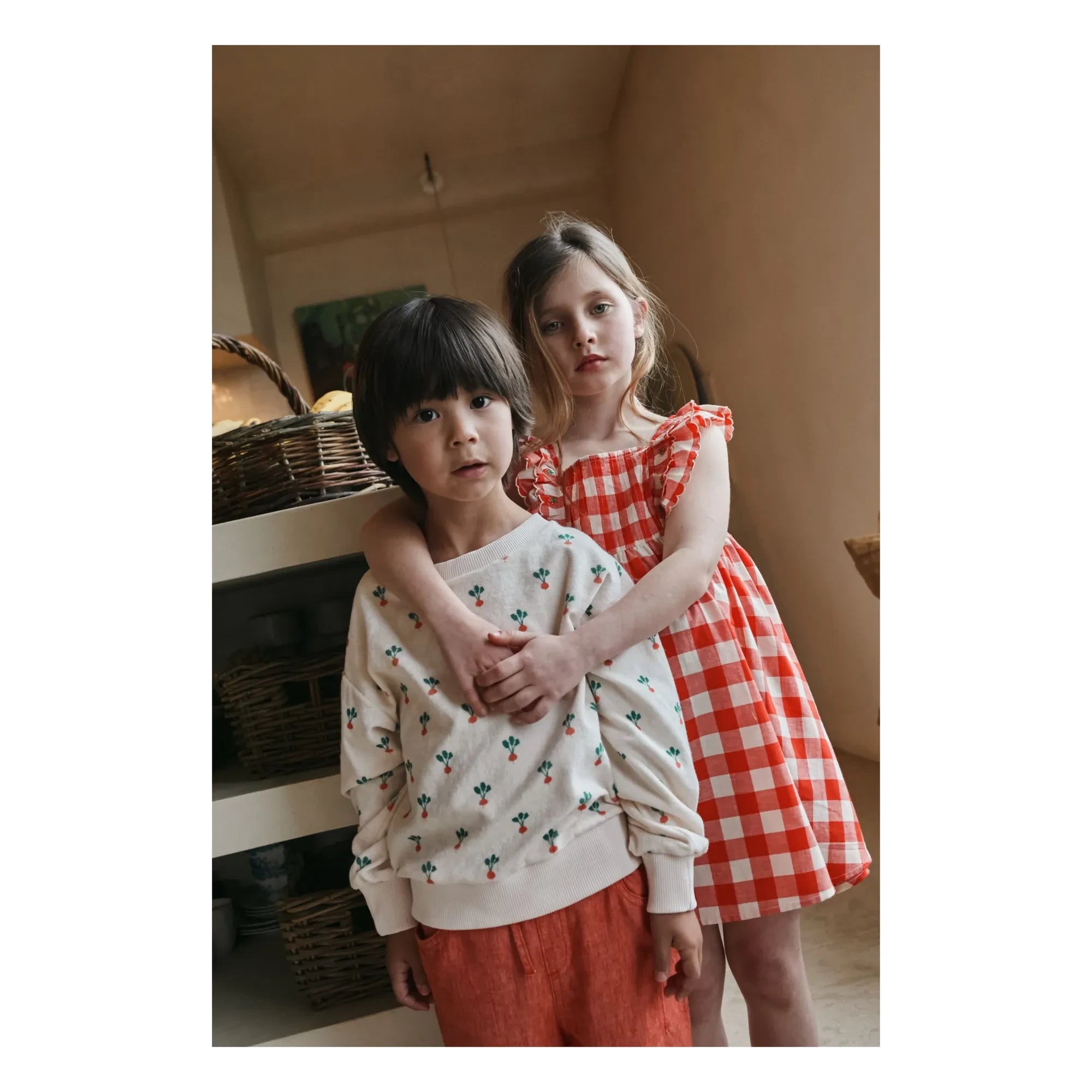 Emile et Ida - Organic Cotton Check Embroidered Dress | Red