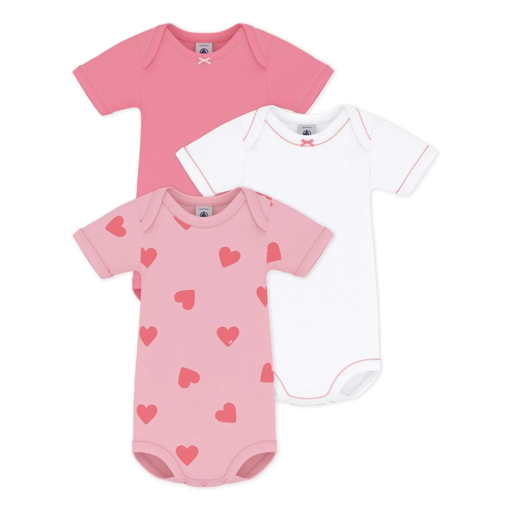 Petit Bateau - Set of 3 Organic Cotton Heart Bodysuits | Pink