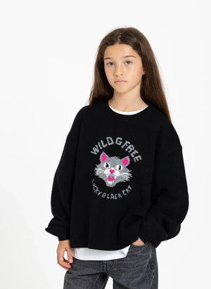 Finger in the nose - Sally Black Cat Merino Wool Sweater | Black