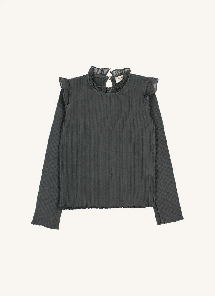 Búho - Ribbed T-Shirt with Ruffles | Charcoal gray