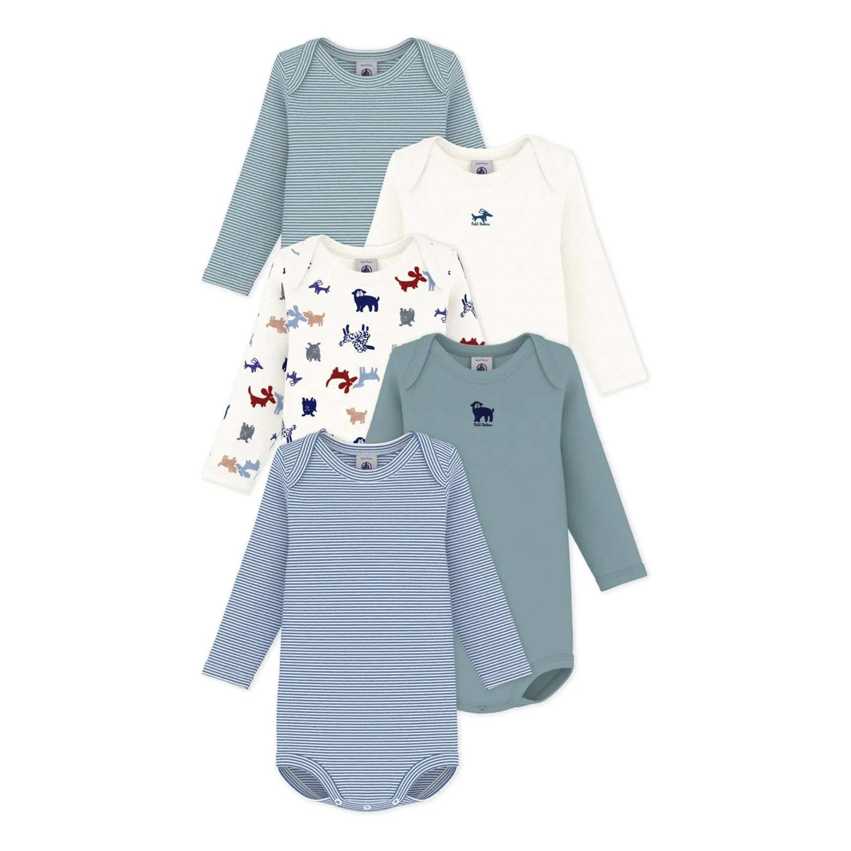 Petit Bateau - Pack of 5 Organic Cotton Dog Bodysuits | Green