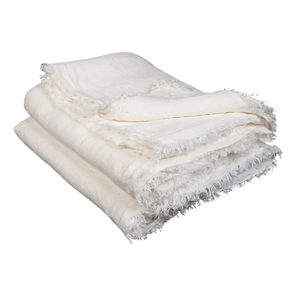 Maison de Vacances - Ecru Washed Linen Double-Sided Plaid with Fringes | White/Ecru