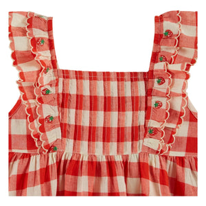 Emile et Ida - Organic Cotton Check Embroidered Dress | Red