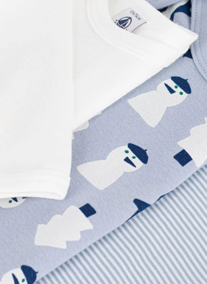 Petit Bateau - 3-Pack Organic Cotton Snowman Bodysuits | Gray Blue
