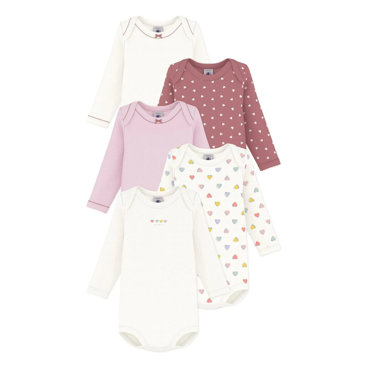 Petit Bateau - 5-Pack Organic Cotton Heart Bodysuit Set | White