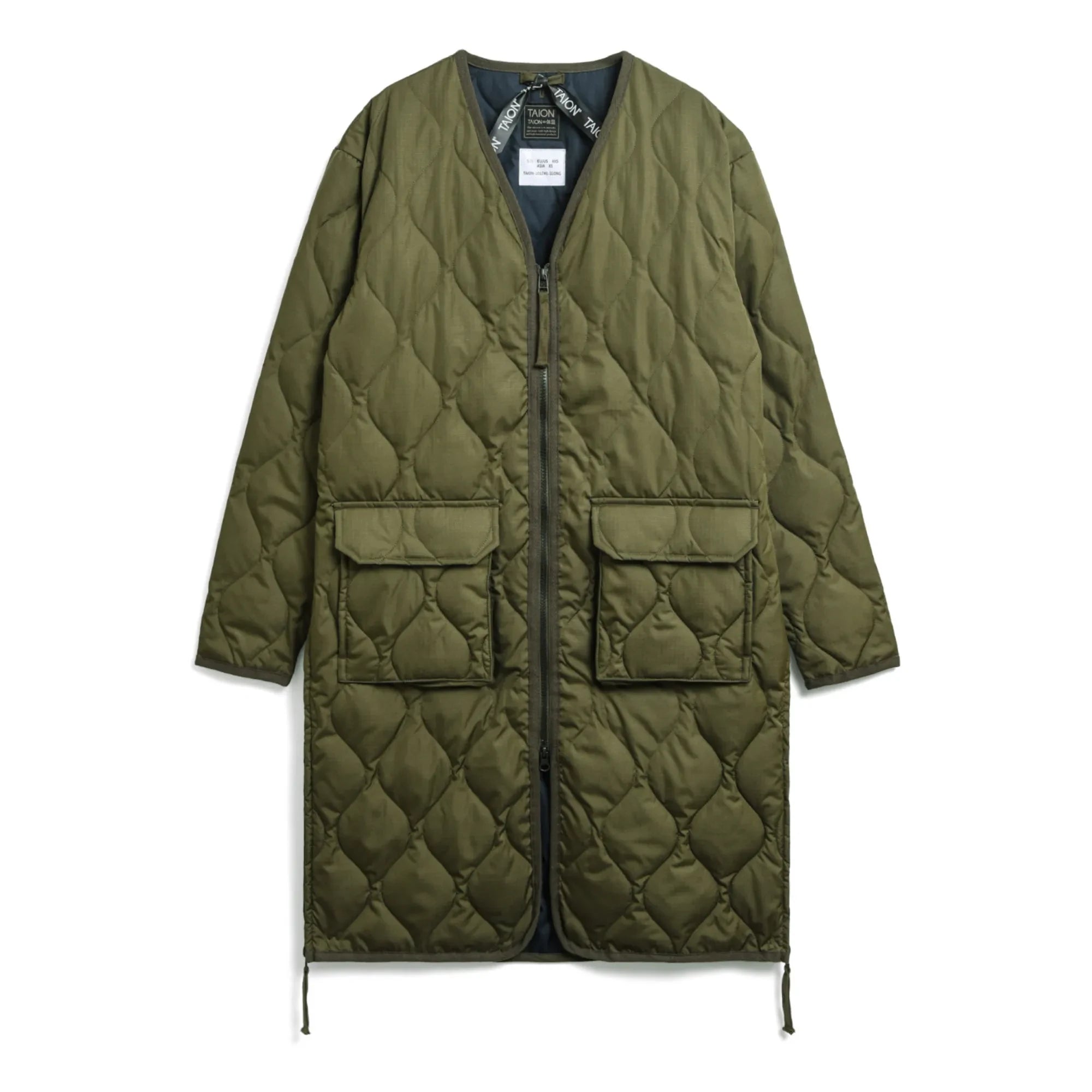 Taion - Military Unisex Long Zip Quilted Coat | Olive Green