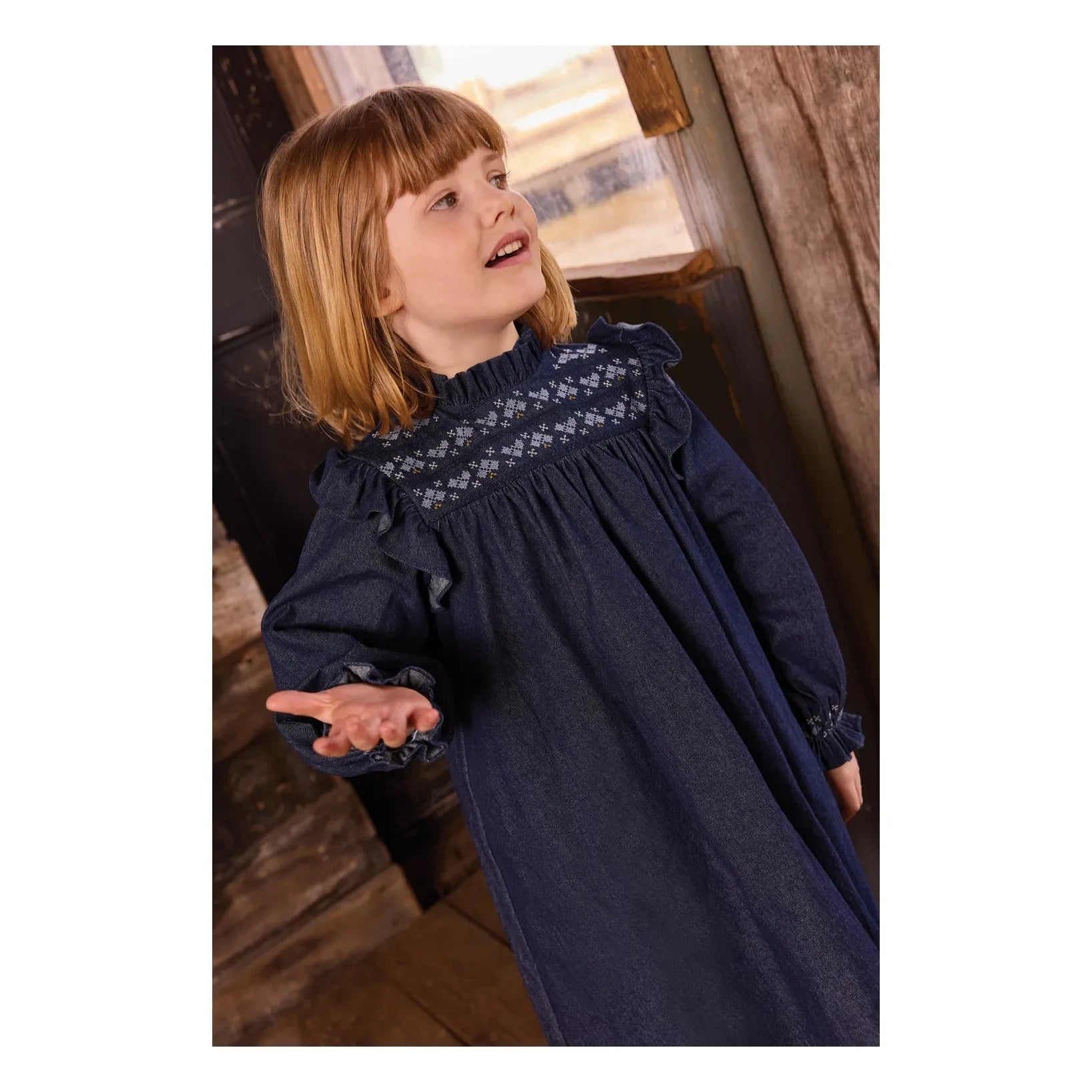 Bonton - Babouchka Pamuklu Chambray Fırfırlı Elbise | Koyu Mavi