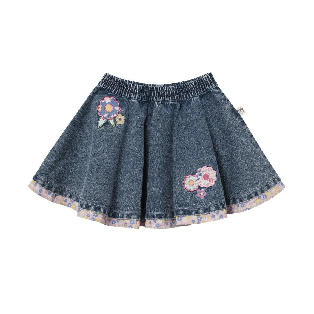 Goldie + Ace - Mavi Denim Çiçek Desenli Etek