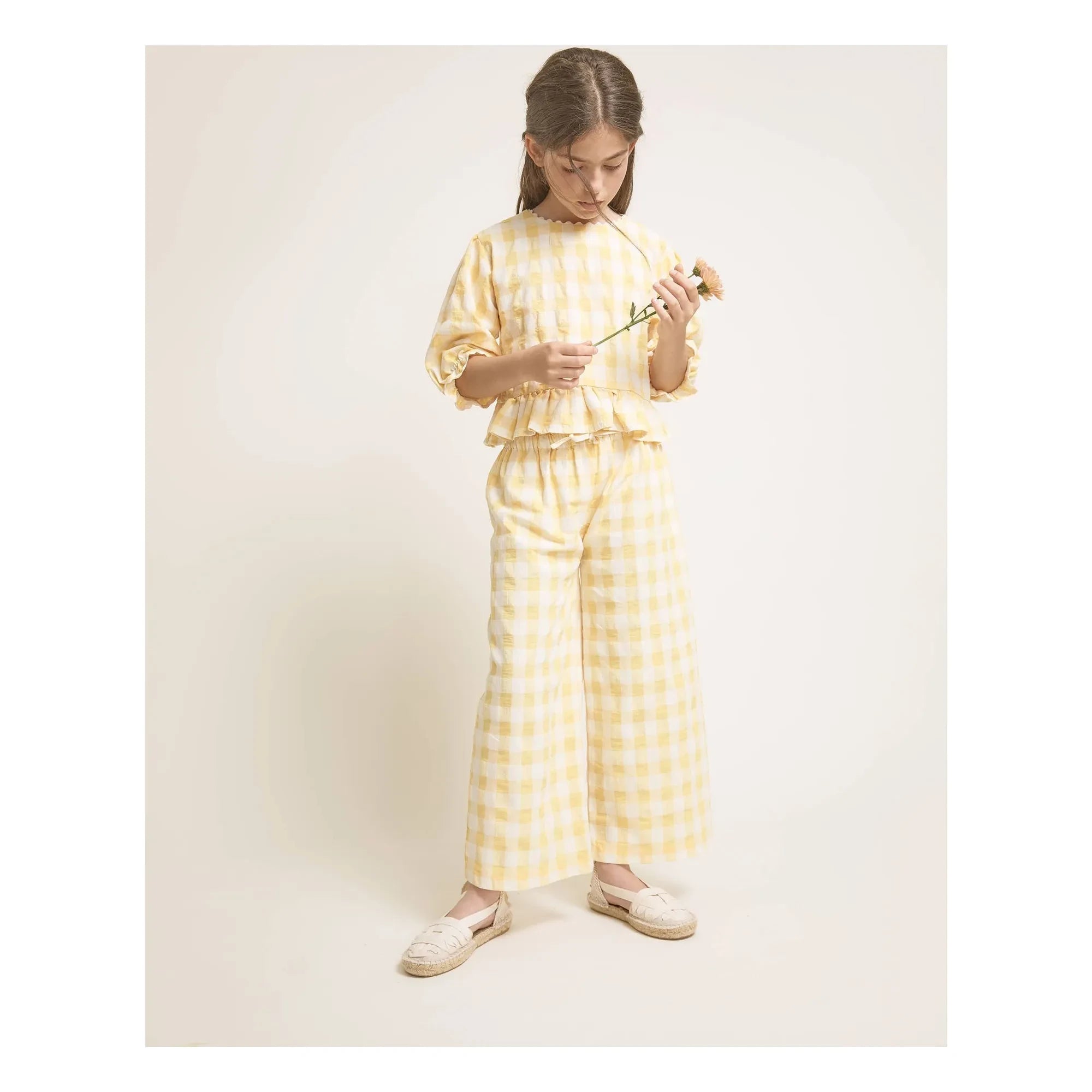 Búho - 3/4 Sleeve Checkered Seersucker Blouse | Yellow