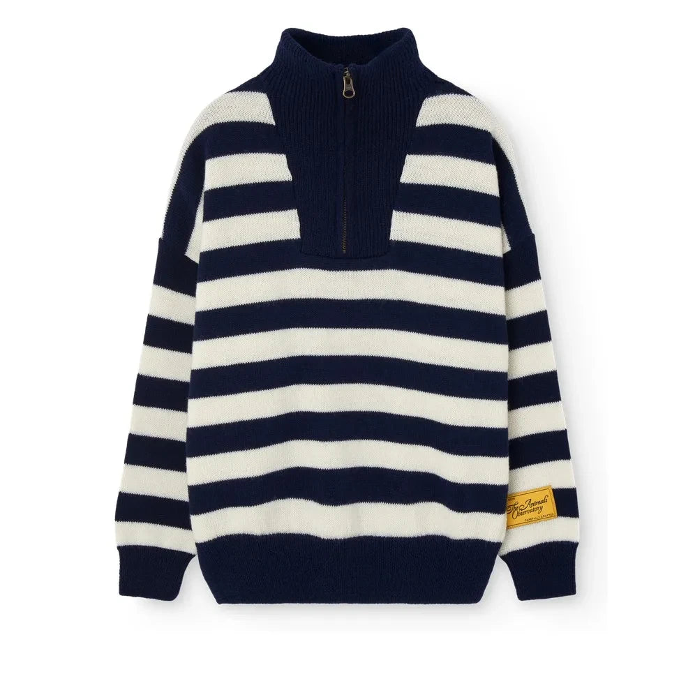 The Animals Observatory - Nilgai Striped Merino Wool Zip-Up Sweater | Navy