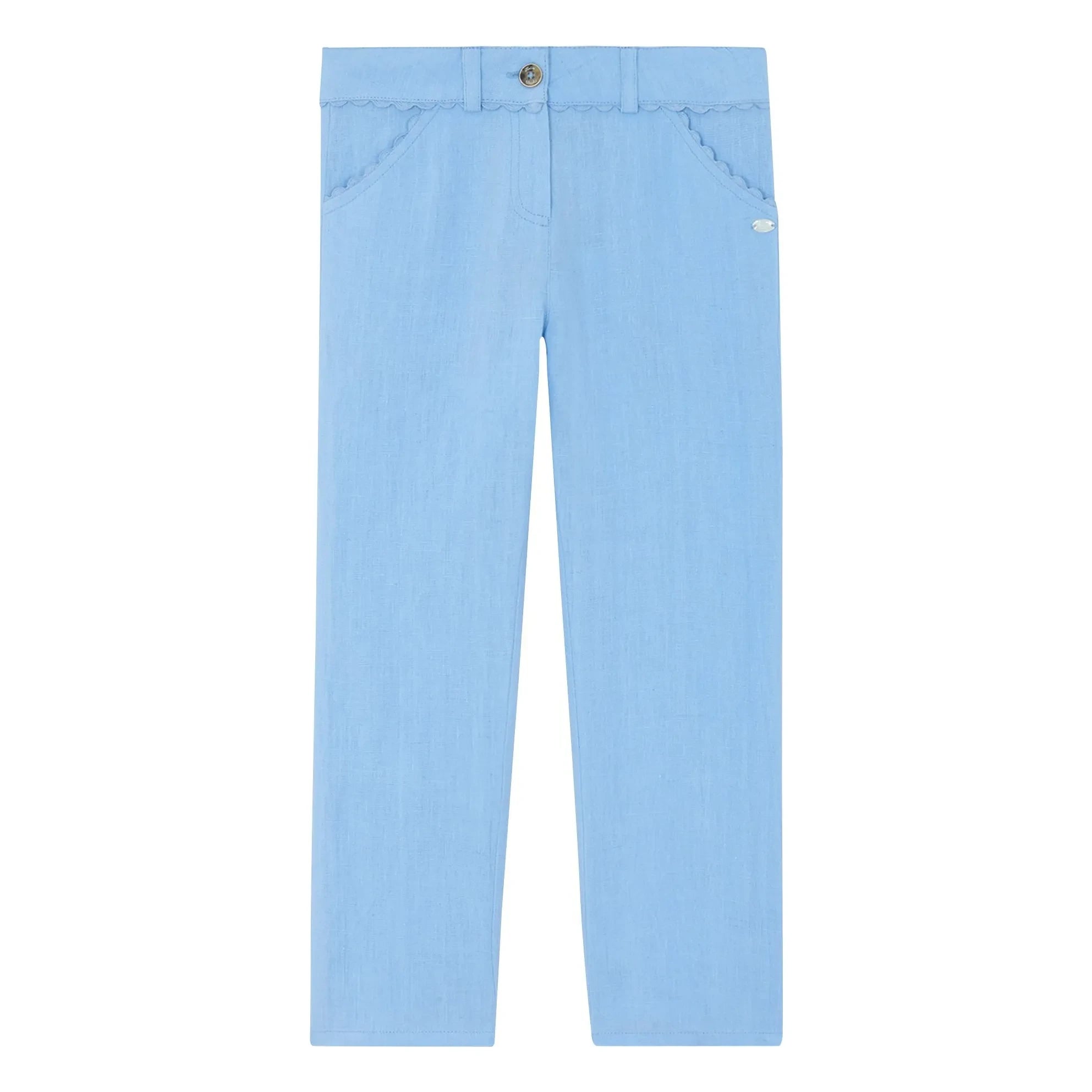 Tartine et Chocolat - Linen Ruffle Pants with Pockets | Light blue