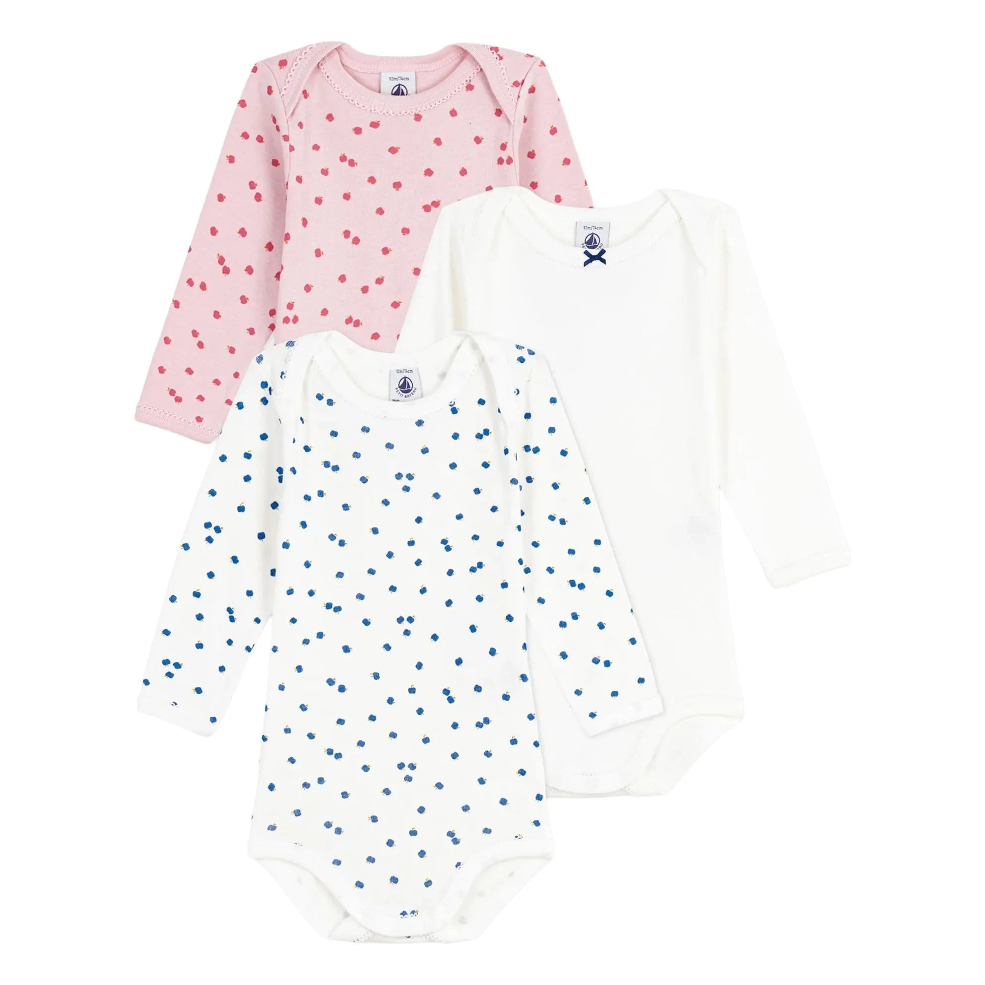 Petit Bateau - Batch 3 Organic Cotton Apple Bodysuits | Ecru