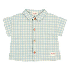 Búho - Gingham Seersucker Organik Pamuklu Bebek Gömleği | Aqua