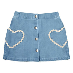 Mipounet - Louise Denim Skirt with Pockets and Hearts | Light Blue