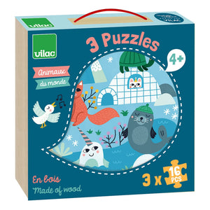 Vilac - World's Animals 3-Piece Puzzle Set - 16 Pieces