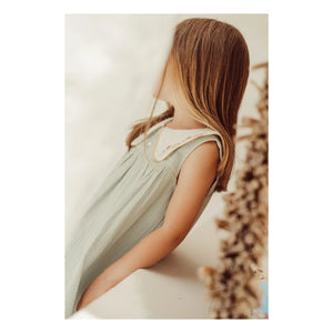 THE LiTTLE POETS - Josefa Organic Cotton Embroidered Peter Pan Neck Dress | Almond green