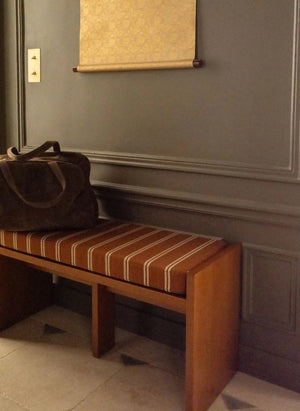 The Socialite Family - Striped Fabric Covered Chiesa Bench | Camel