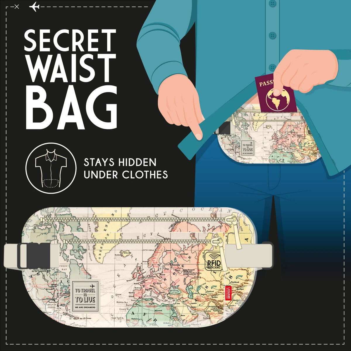 Legami - Ultra-slim Travel Waist Bag - Secret Waist Bag