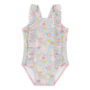 Petit Bateau - Floral Patterned Ruffled Baby Swimsuit | Turquoise