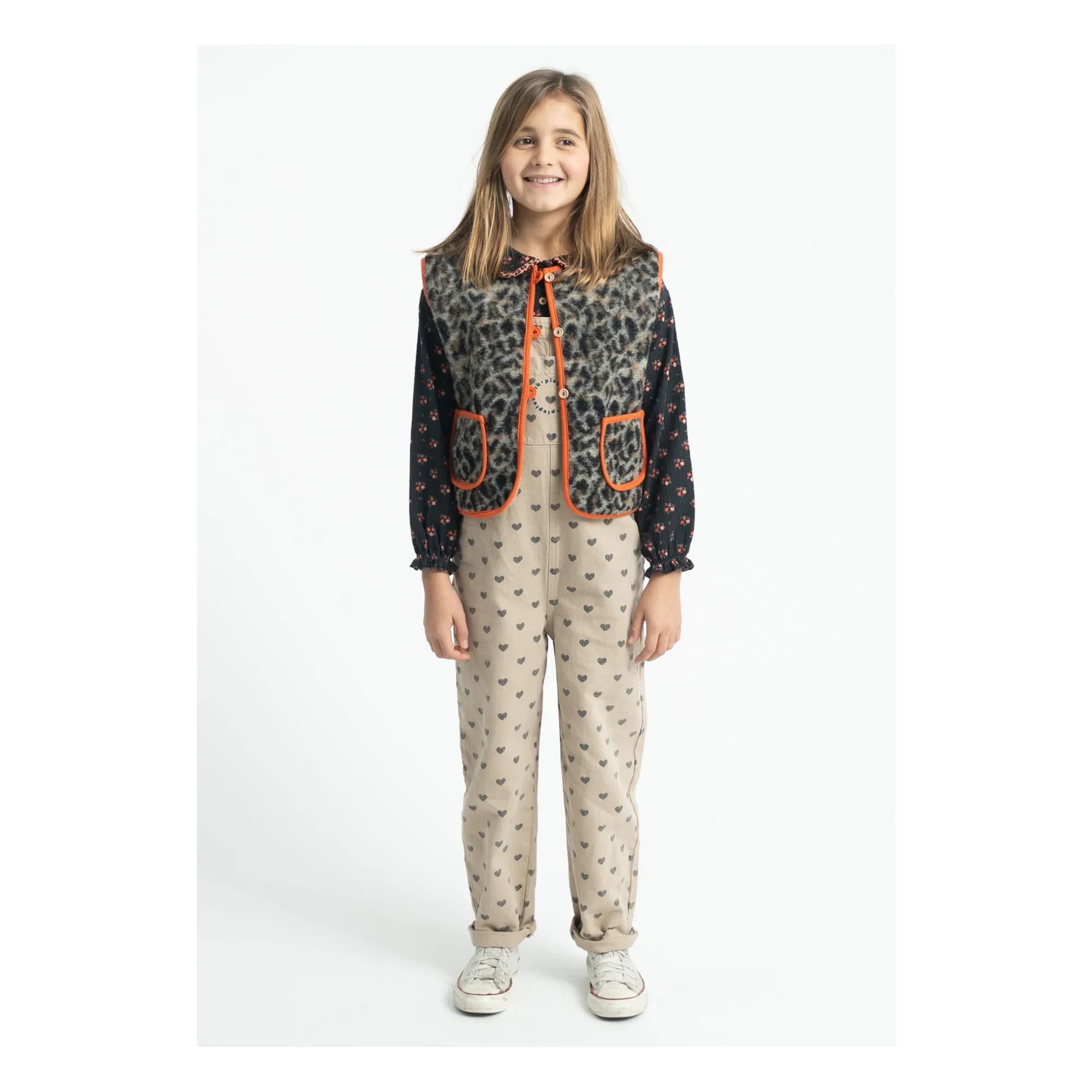 Piupiuchick - Organic Cotton Heart Detail Dungarees | Beige
